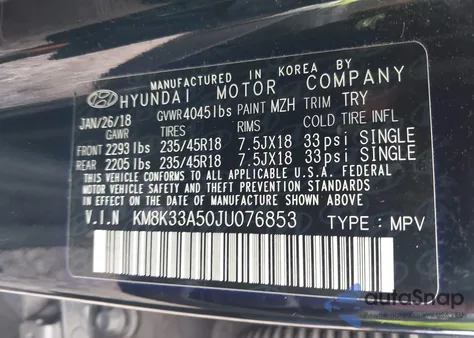 2018 Hyundai Kona Limited z USA, uszkodzony, nr VIN KM8K33A50JU076853